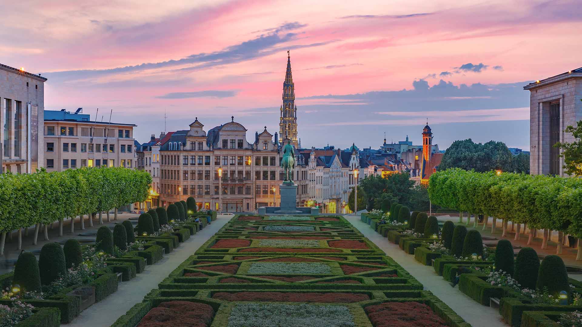 Brussels City Hall and Mont des Arts area at sunset in Brussels, Belgium